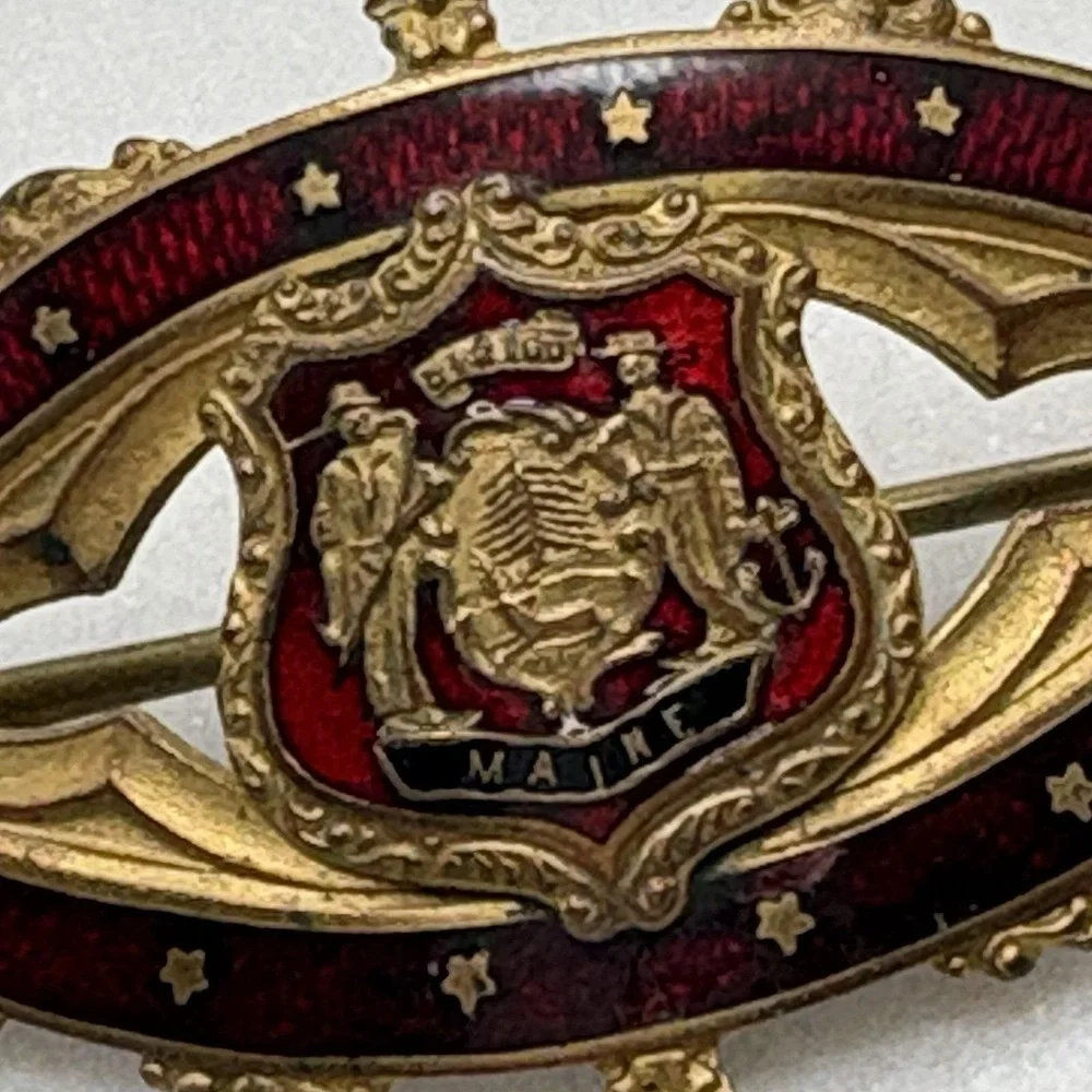 Antique Victorian Sash Pin Guilloche Enamel Pin Brooch Maine Coat of Arms